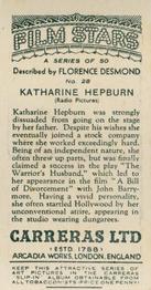 1936 Carreras Film Stars #28 Katharine Hepburn Back