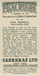 1936 Carreras Film Stars #29 Una Merkel Back