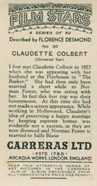1936 Carreras Film Stars #30 Claudette Colbert Back