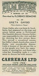 1936 Carreras Film Stars #35 Greta Garbo Back