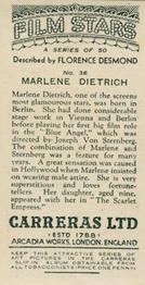 1936 Carreras Film Stars #36 Marlene Dietrich Back
