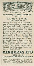 1936 Carreras Film Stars #43 Warner Baxter Back