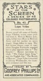 1936 Godfrey Phillips Stars of the Screen #45 Lupe Velez Back