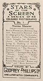 1936 Godfrey Phillips Stars of the Screen - Embossed #1 Norma Shearer Back