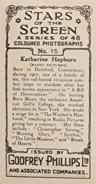 1936 Godfrey Phillips Stars of the Screen - Embossed #15 Katharine Hepburn Back