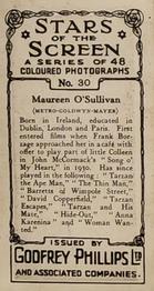 1936 Godfrey Phillips Stars of the Screen - Embossed #30 Maureen O'Sullivan Back