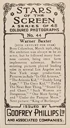 1936 Godfrey Phillips Stars of the Screen - Embossed #44 Warner Baxter Back