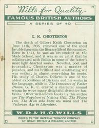 1937 Wills's Famous British Authors #6 G. K. Chesterton Back