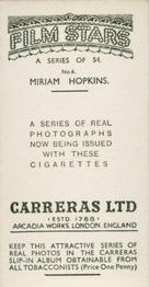 1937 Carreras Film Stars #6 Miriam Hopkins Back