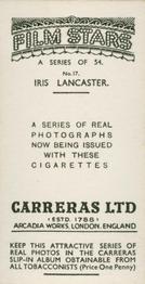 1937 Carreras Film Stars #17 Iris Lancaster Back
