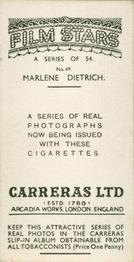 1937 Carreras Film Stars #49 Marlene Dietrich Back
