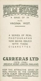 1937 Carreras Film Stars #53 Virginia West Back