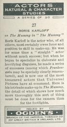 1938 Ogden's Actors Natural & Character Studies #27 Boris Karloff Back