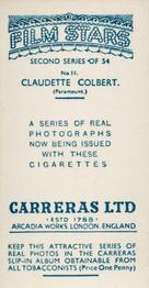 1938 Carreras Film Stars (Second Series) #11 Claudette Colbert Back