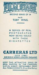 1938 Carreras Film Stars (Second Series) #52 Toby Wing Back
