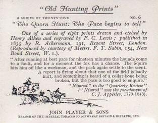 1938 Player's Old Hunting Prints #6 The Quorn Hunt: The Pace begins to tell Back
