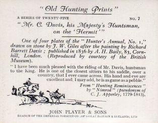 1938 Player's Old Hunting Prints #7 Mr C. Davis, his Majesty's Huntsman, on the 'Hermit' Back