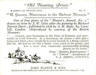 1938 Player's Old Hunting Prints #8 T. Goosey, Huntsman to the Belvoir Hounds Back