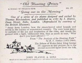 1938 Player's Old Hunting Prints #20 Going out in the Morning Back