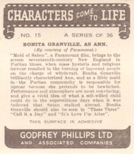 1939 Godfrey Phillips Characters Come to Life #15 Bonita Granville as Ann Back