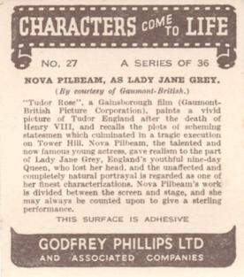 1939 Godfrey Phillips Characters Come to Life #27 Nova Pilbeam as Lady Jane Grey Back