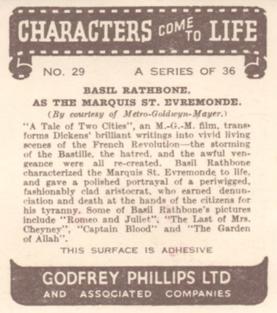 1939 Godfrey Phillips Characters Come to Life #29 Basil Rathbone as The Marquis St. Evremonde Back