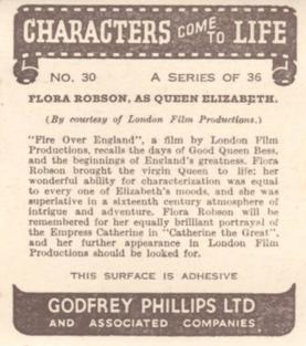 1939 Godfrey Phillips Characters Come to Life #30 Flora Robson as Queen Elizabeth Back