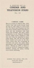 1955 Barbers Tea Cinema and Television Stars #20 Carole Carr Back