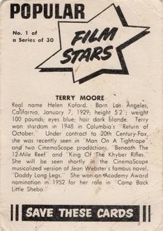 1955 Cereal Foods Popular Film Stars (Australian) #1 Terry Moore Back