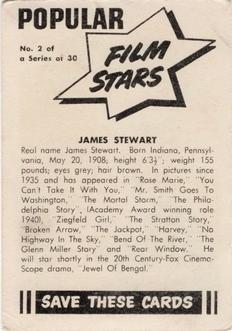 1955 Cereal Foods Popular Film Stars (Australian) #2 James Stewart Back