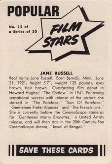 1955 Cereal Foods Popular Film Stars (Australian) #12 Jane Russell Back