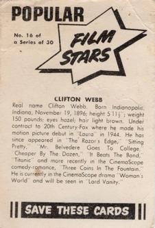 1955 Cereal Foods Popular Film Stars (Australian) #16 Clifton Webb Back