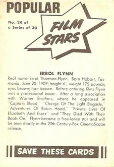 1955 Cereal Foods Popular Film Stars (Australian) #24 Errol Flynn Back