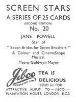 1956 Jibco Tea Screen Stars (Second Edition) #20 Jane Powell Back