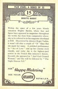 1958 Atlantic Petroleum Picture Pageant Film Stars #15 Brigitte Bardot Back