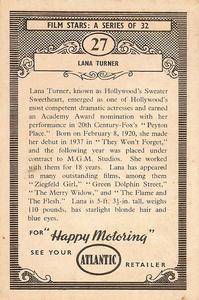 1958 Atlantic Petroleum Picture Pageant Film Stars #27 Lana Turner Back