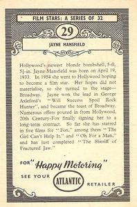 1958 Atlantic Petroleum Picture Pageant Film Stars #29 Jayne Mansfield Back