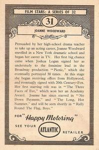 1958 Atlantic Petroleum Picture Pageant Film Stars #31 Joanne Woodward Back