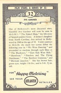 1958 Atlantic Petroleum Picture Pageant Film Stars #32 Ava Gardner Back