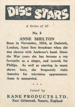 1959 Kane Products Disc Stars #5 Anne Shelton Back