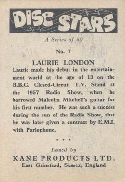 1959 Kane Products Disc Stars #7 Laurie London Back