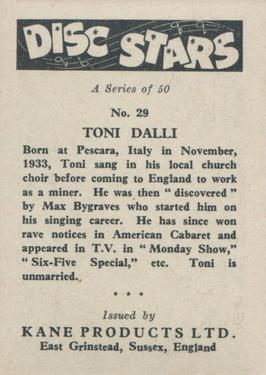 1959 Kane Products Disc Stars #29 Toni Dalli Back