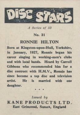 1959 Kane Products Disc Stars #31 Ronnie Hilton Back