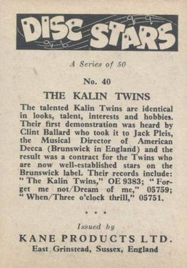 1959 Kane Products Disc Stars #40 The Kalin Twins Back