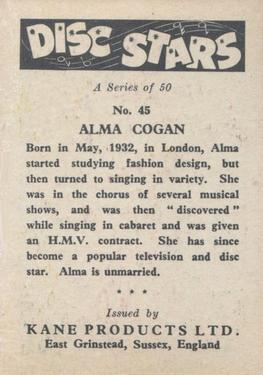 1959 Kane Products Disc Stars #45 Alma Cogan Back