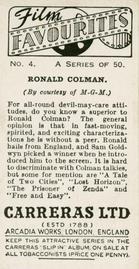 1938 Carreras Film Favourites #4 Ronald Colman Back