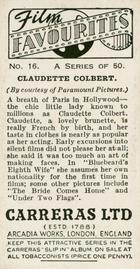 1938 Carreras Film Favourites #16 Claudette Colbert Back