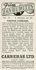 1938 Carreras Film Favourites #31 Carole Lombard Back