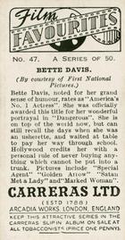 1938 Carreras Film Favourites #47 Bette Davis Back
