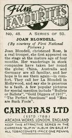 1938 Carreras Film Favourites #48 Joan Blondell Back